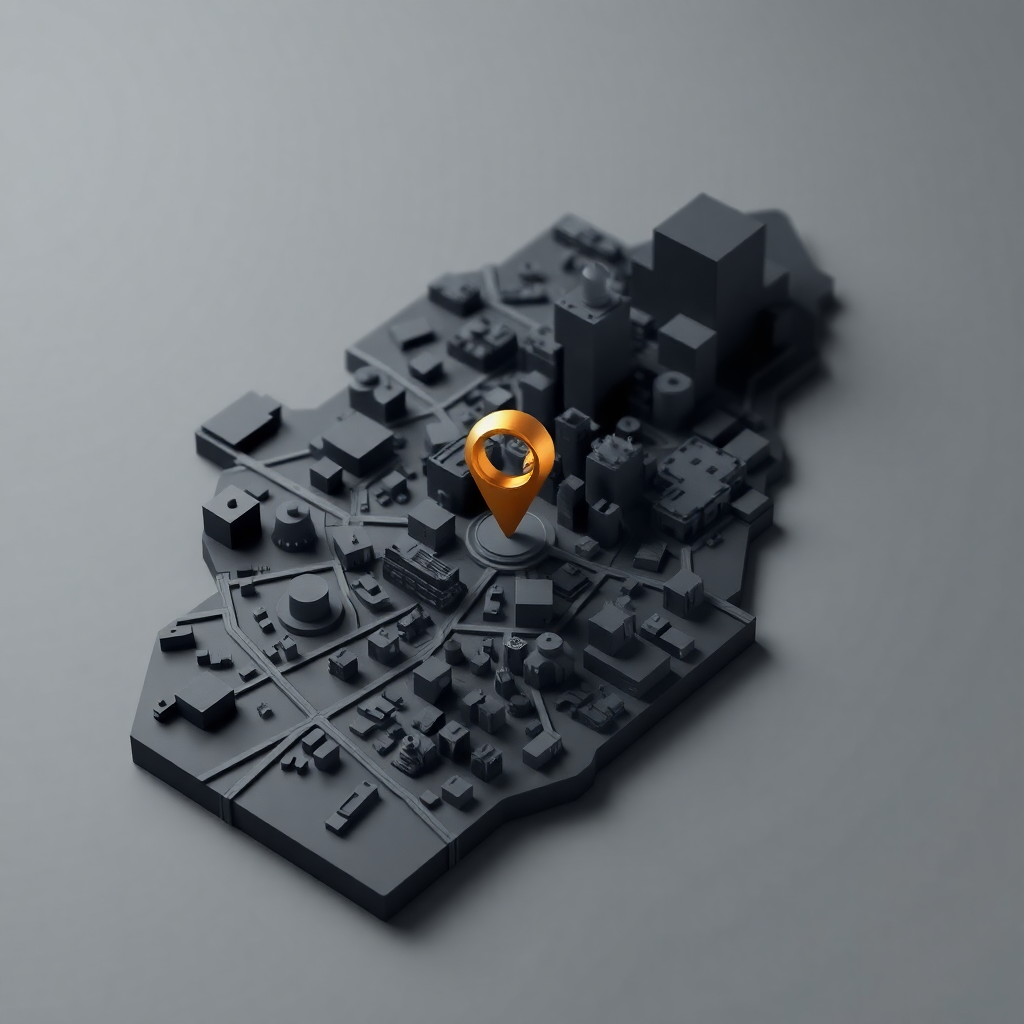 Sleek, dark-themed 3D map of a city, with a gold pin marking a location, futuristic style
