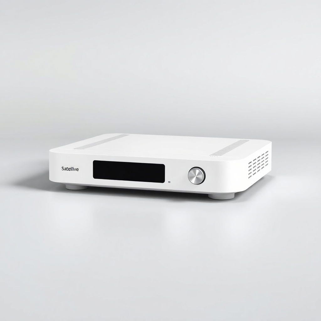 A compact and modern HD satellite receiver, white and silver, minimalist product photo on a light gray background
