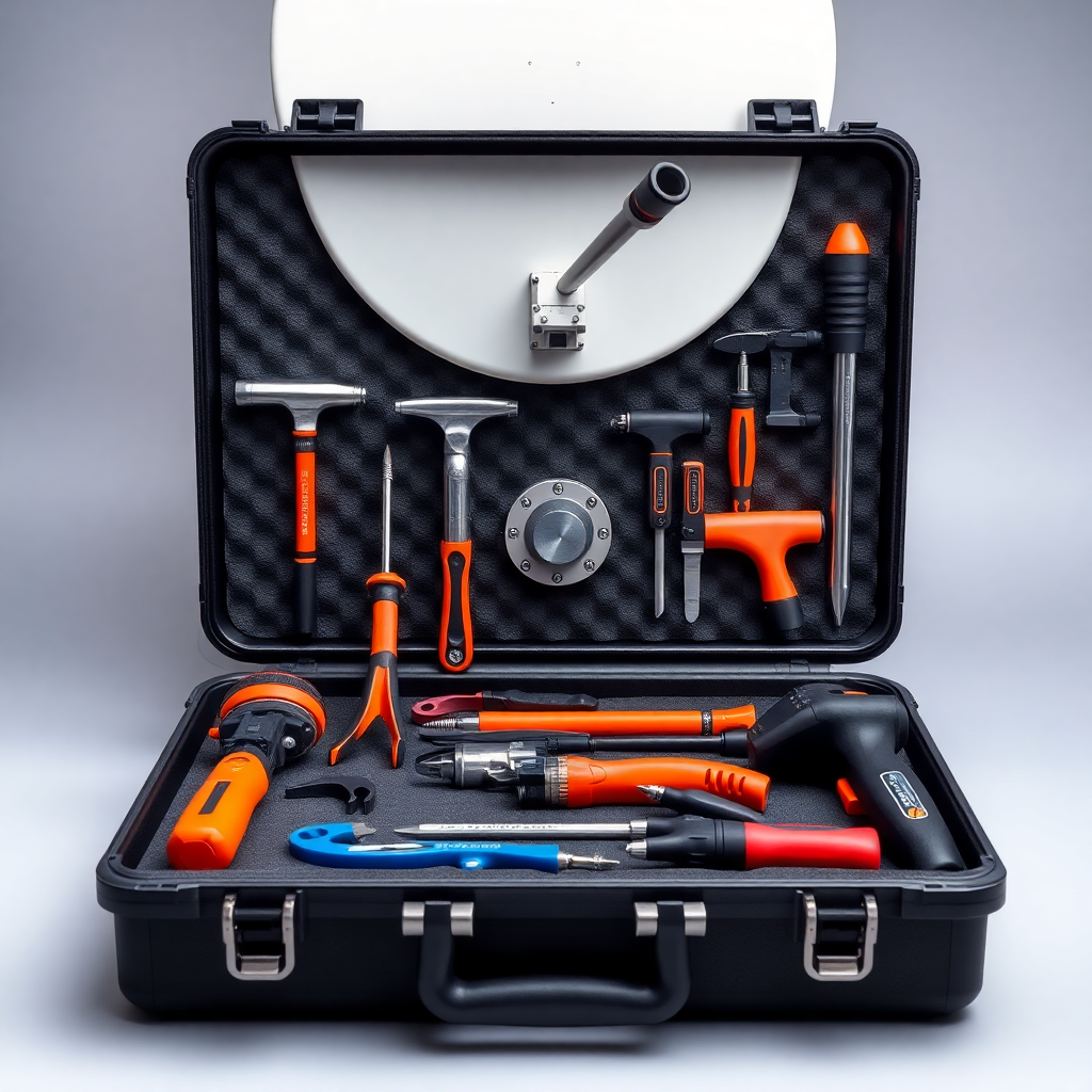 Professional installation toolkit in an open case, showing various tools for satellite dish mounting, studio shot