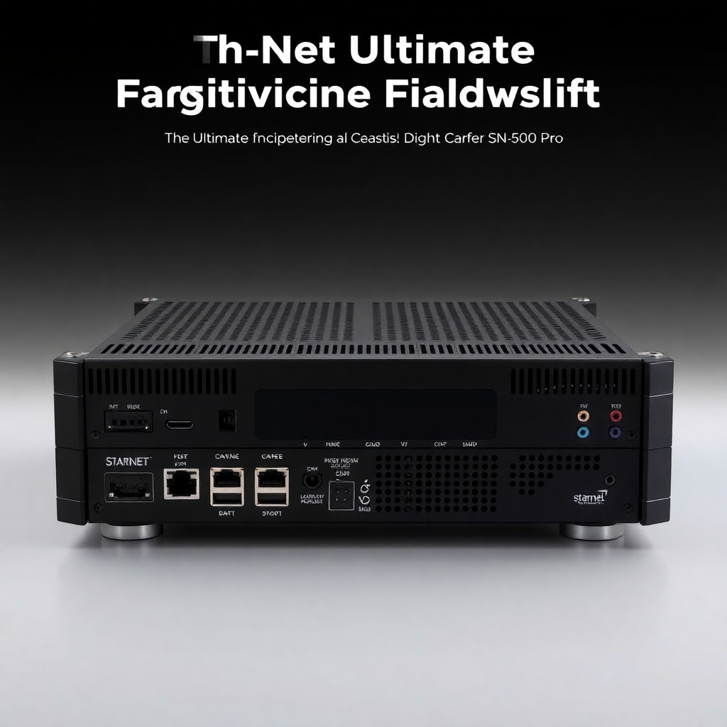 The ultimate flagship digital satellite receiver, multiple ports on the back, ventilated chassis, premium materials, professional look, product photography, Starnet SN-500 Pro model