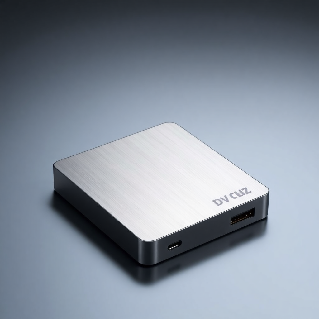 Small, sleek external hard drive for DVR expansion, brushed metal finish, studio shot