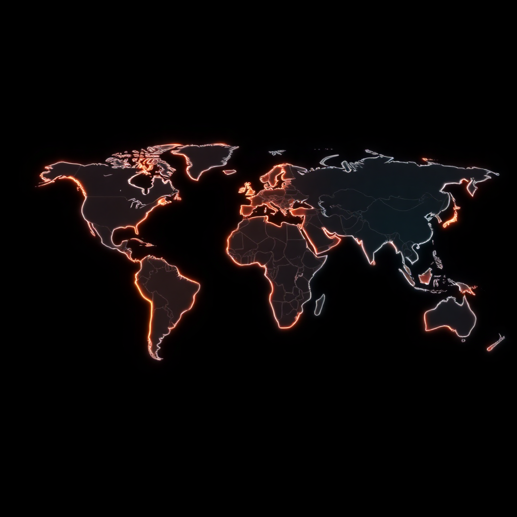 Glowing neon world map showing connection lines between continents, dark background, futuristic technology concept
