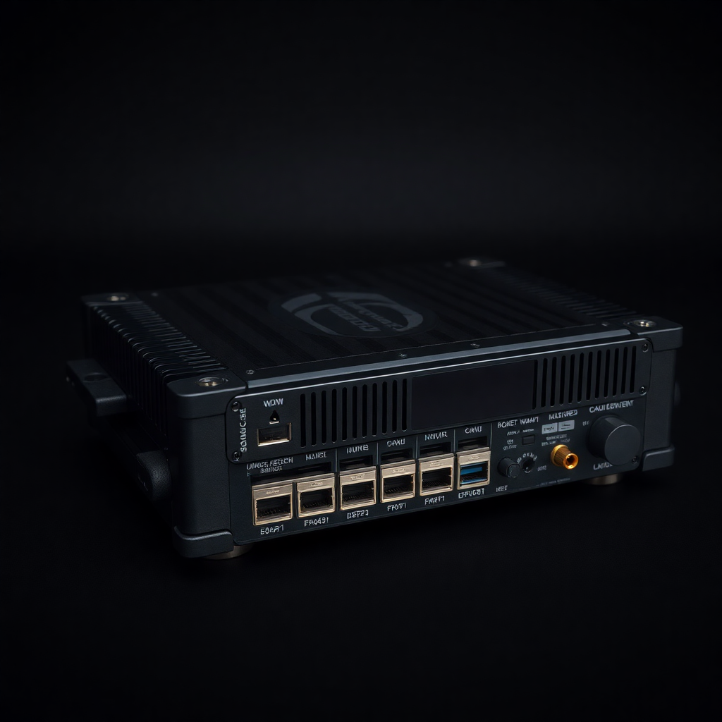 Rugged, robust satellite receiver for global use, industrial design, multiple ports, studio product shot on dark background