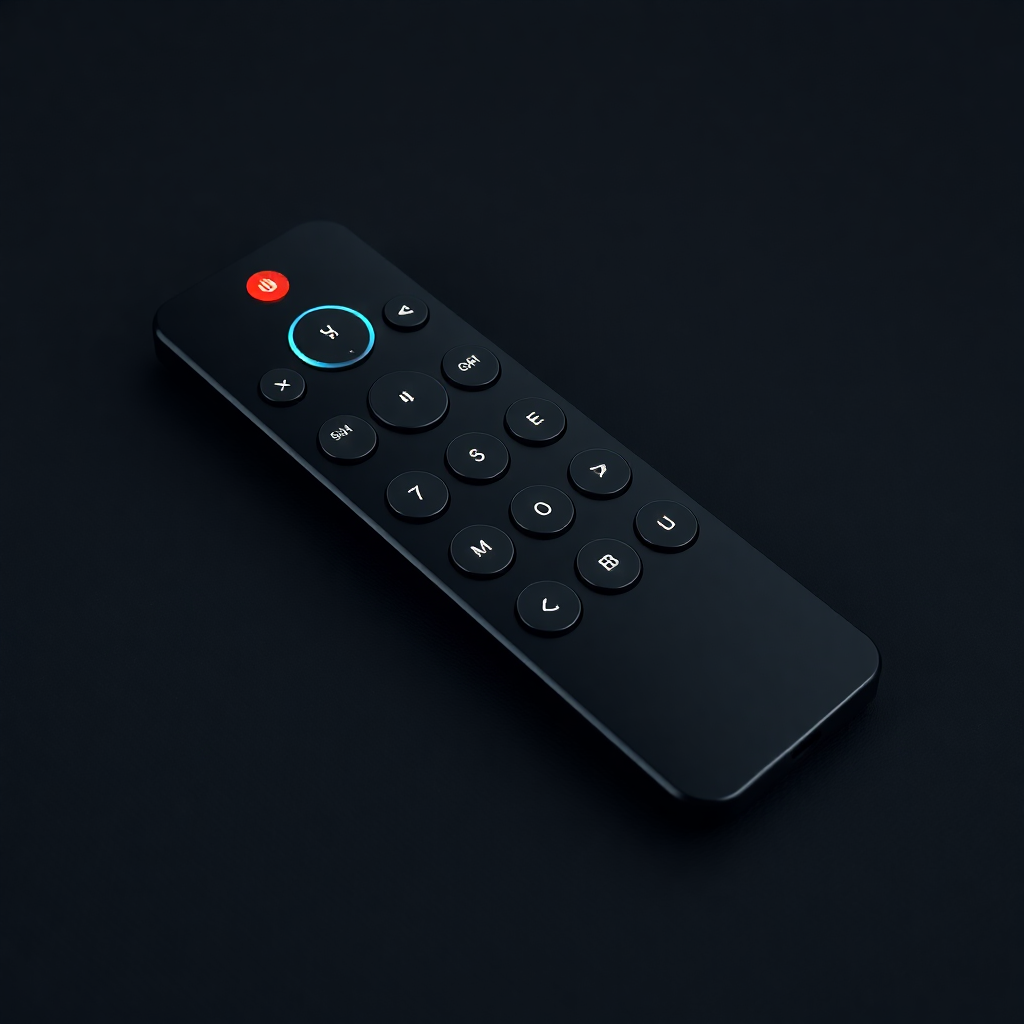 A sleek, futuristic remote control with a minimalist design and glowing buttons, on a dark textured surface