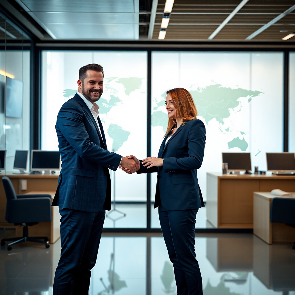 Two business professionals shaking hands in a modern, high-tech office with a world map in the background, professional, corporate photoshoot