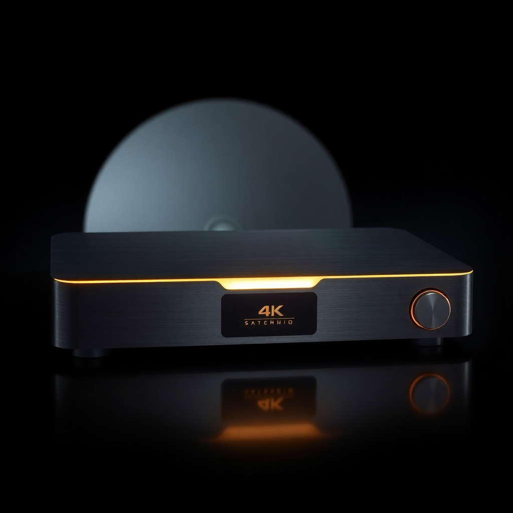 Premium 4K satellite receiver with brushed metal finish, glowing gold light accents, professional product photography, dark moody background