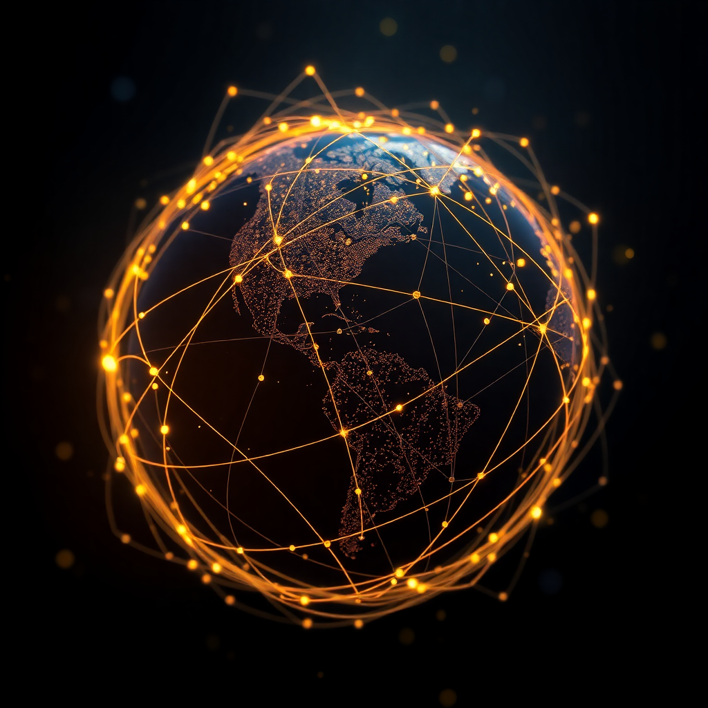 Abstract plexus of communication lines over a stylized globe, digital art, cinematic lighting, dark blue and gold tones