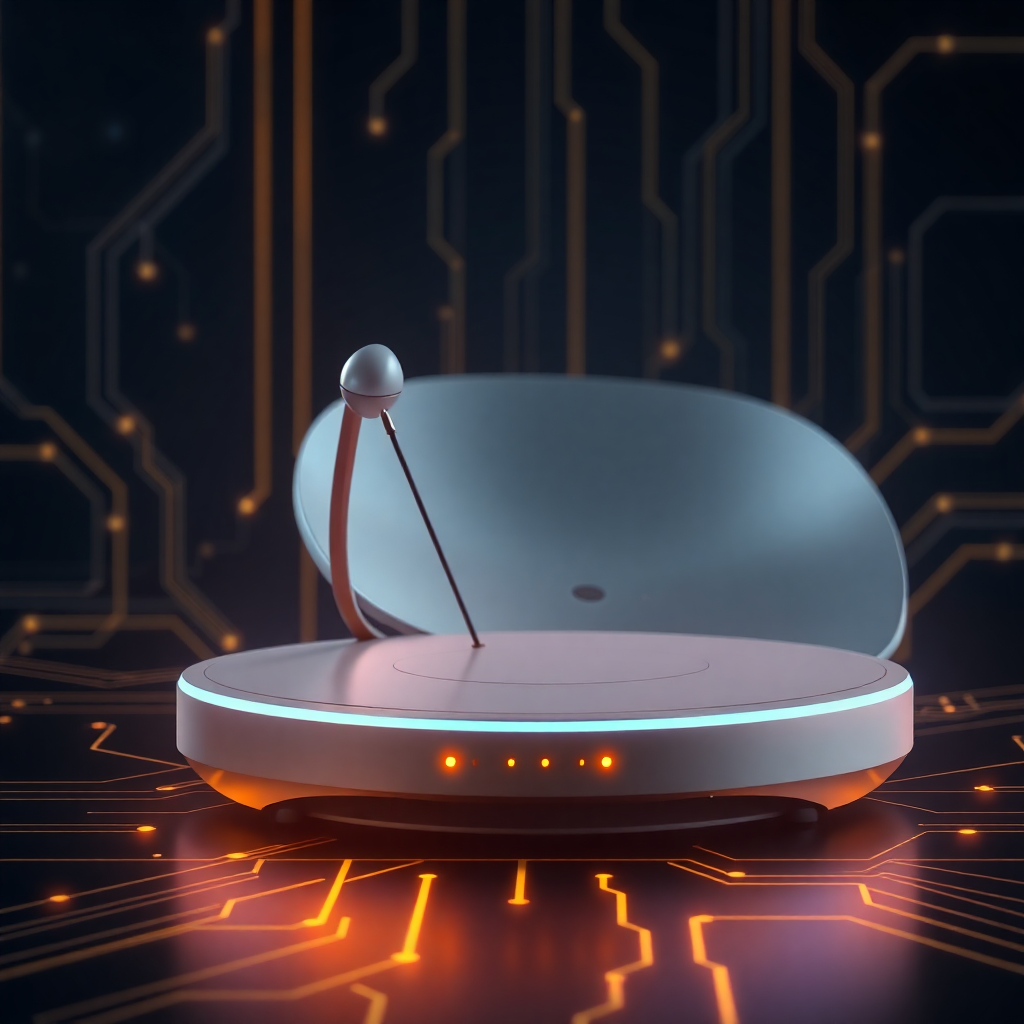 Sleek, futuristic satellite receiver on a dark, tech-inspired background with glowing circuit lines, cinematic product shot, gold and blue highlights