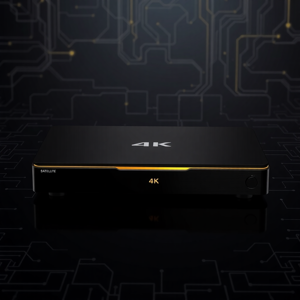 A sleek, black 4K satellite receiver with gold accents on a dark, techy background, minimalist product photo