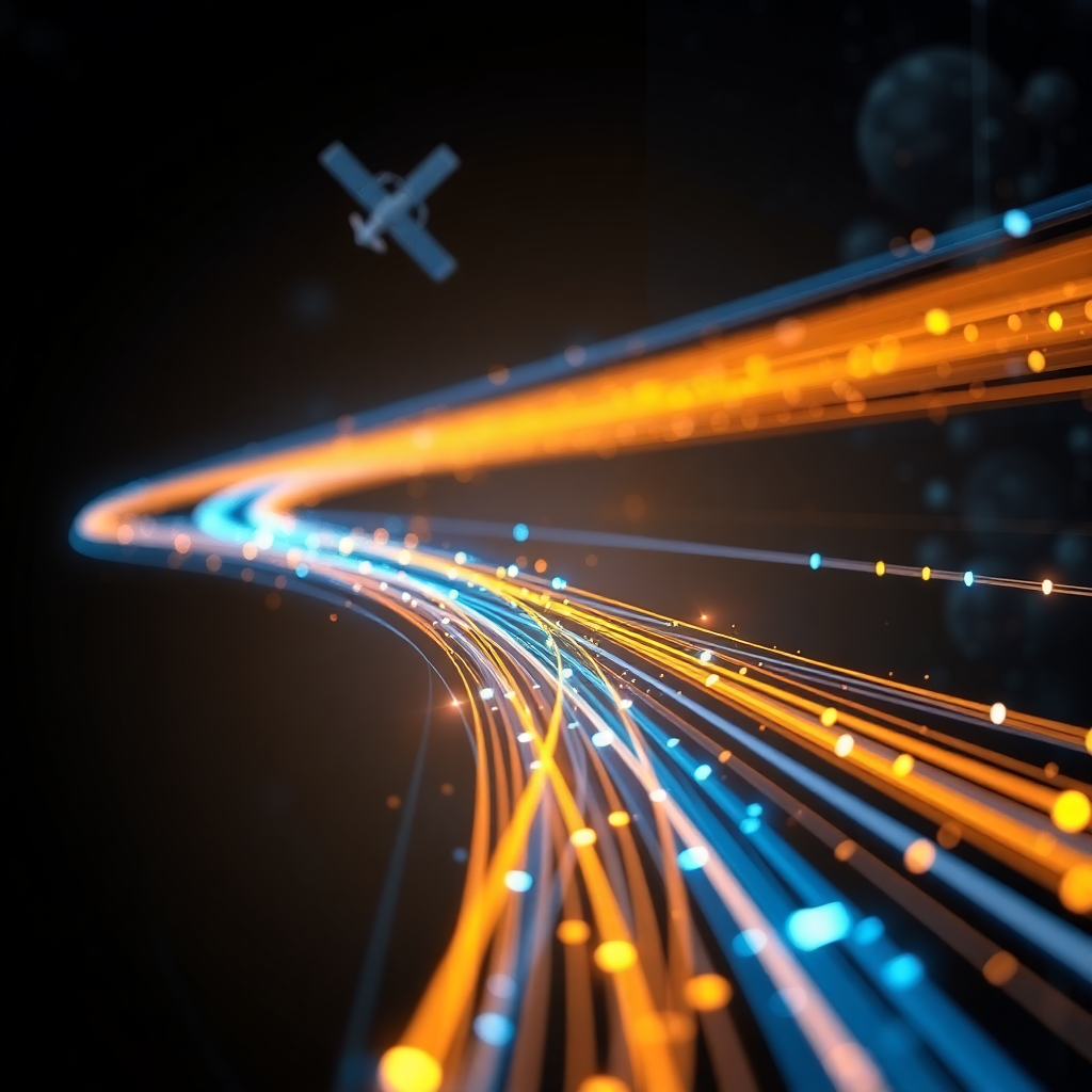 Abstract visualization of a high-speed data stream through fiber optics and satellite signals, glowing blue and gold lines, dark tech background