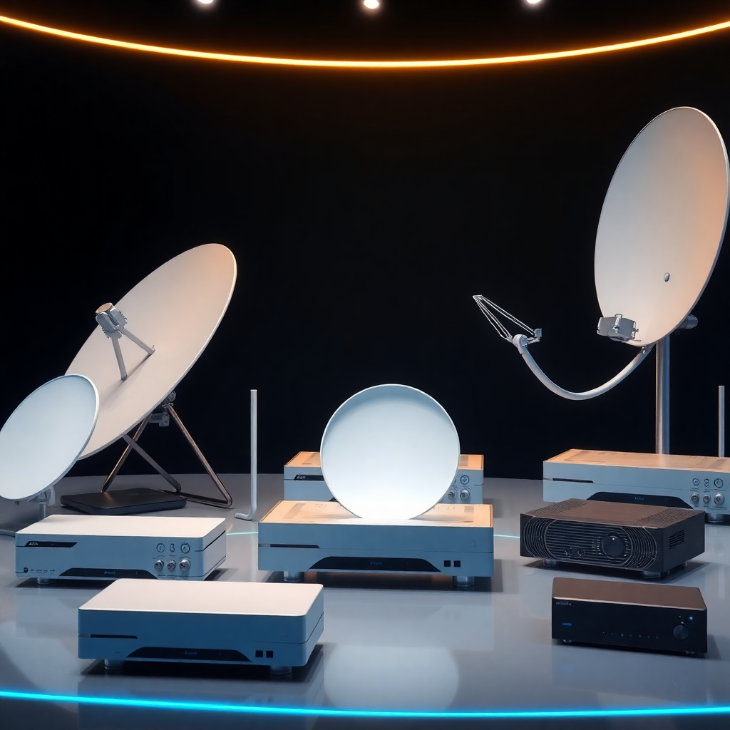 Sleek, modern satellite receivers and antennas arranged in a futuristic product showcase, dark background, gold and blue ambient lighting, hyper-realistic