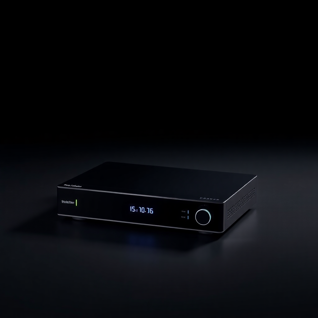 Sleek black entry-level HD satellite receiver, minimalist design, studio product shot, on dark background