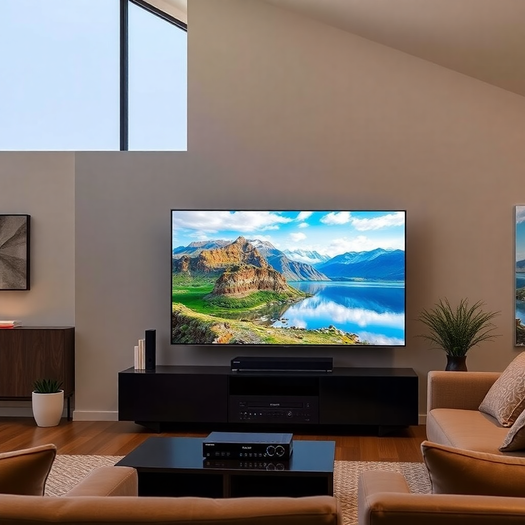 A modern, high-tech living room with a large screen displaying a beautiful landscape, a Starnet receiver subtly visible on the entertainment center, warm and inviting atmosphere, interior design photography