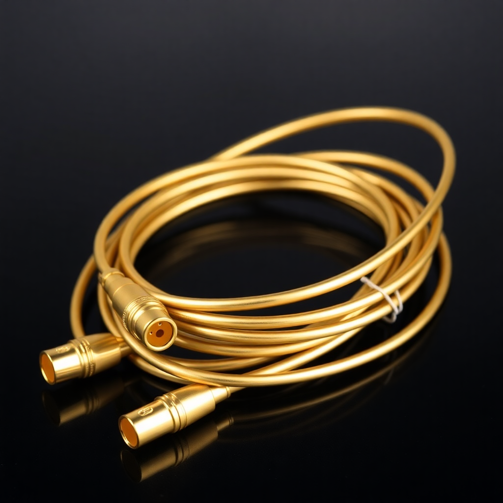 High-quality, gold-plated coaxial cables neatly coiled on a dark surface, product photography