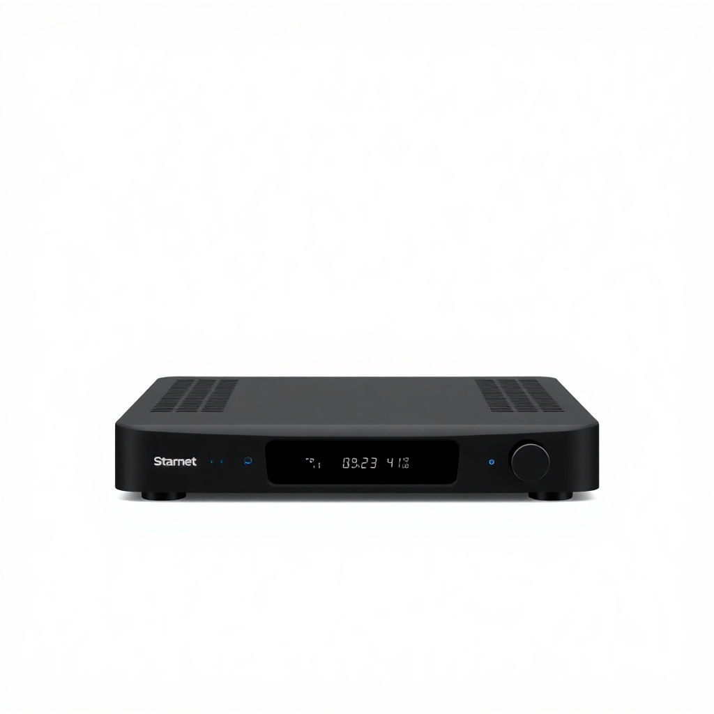 A sleek and compact black digital satellite receiver, front view, minimalist design, product photography, Starnet SN-100 HD model