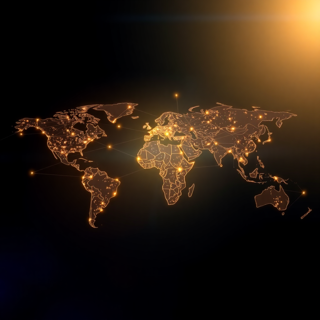 Global logistics and supply chain network, futuristic, glowing lines connecting cities on a world map, dark background with gold and blue accents