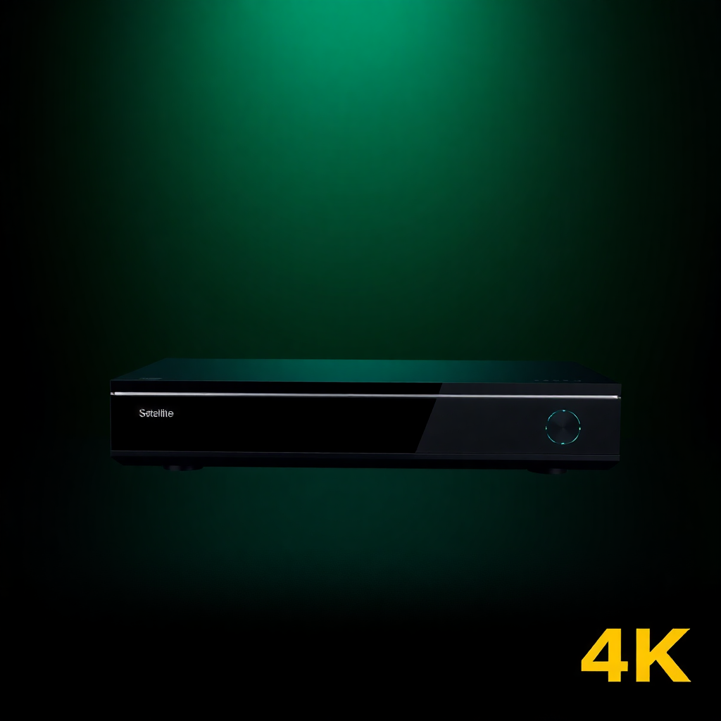 A sleek, modern black digital satellite receiver set-top box floating on a dark, sophisticated background with subtle green and gold lighting, product photography, 4K resolution