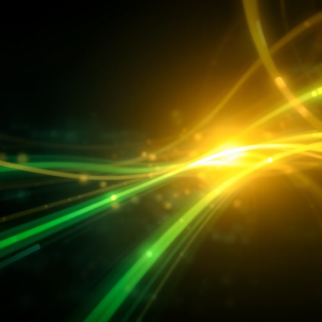 A dark, abstract technological background with swirling green and gold light trails, giving a sense of motion and digital energy, cinematic style