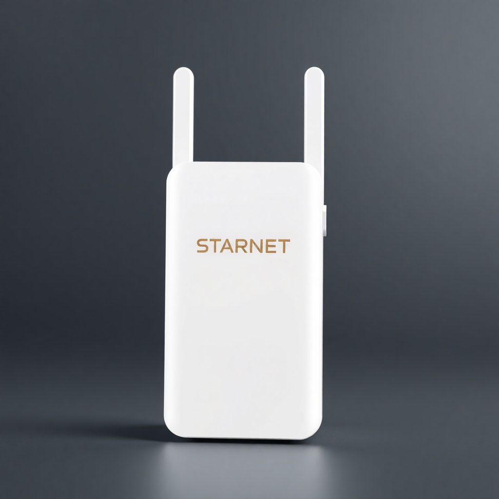 Compact Wi-Fi extender with STARNET logo, minimalist design, white and gold, studio shot
