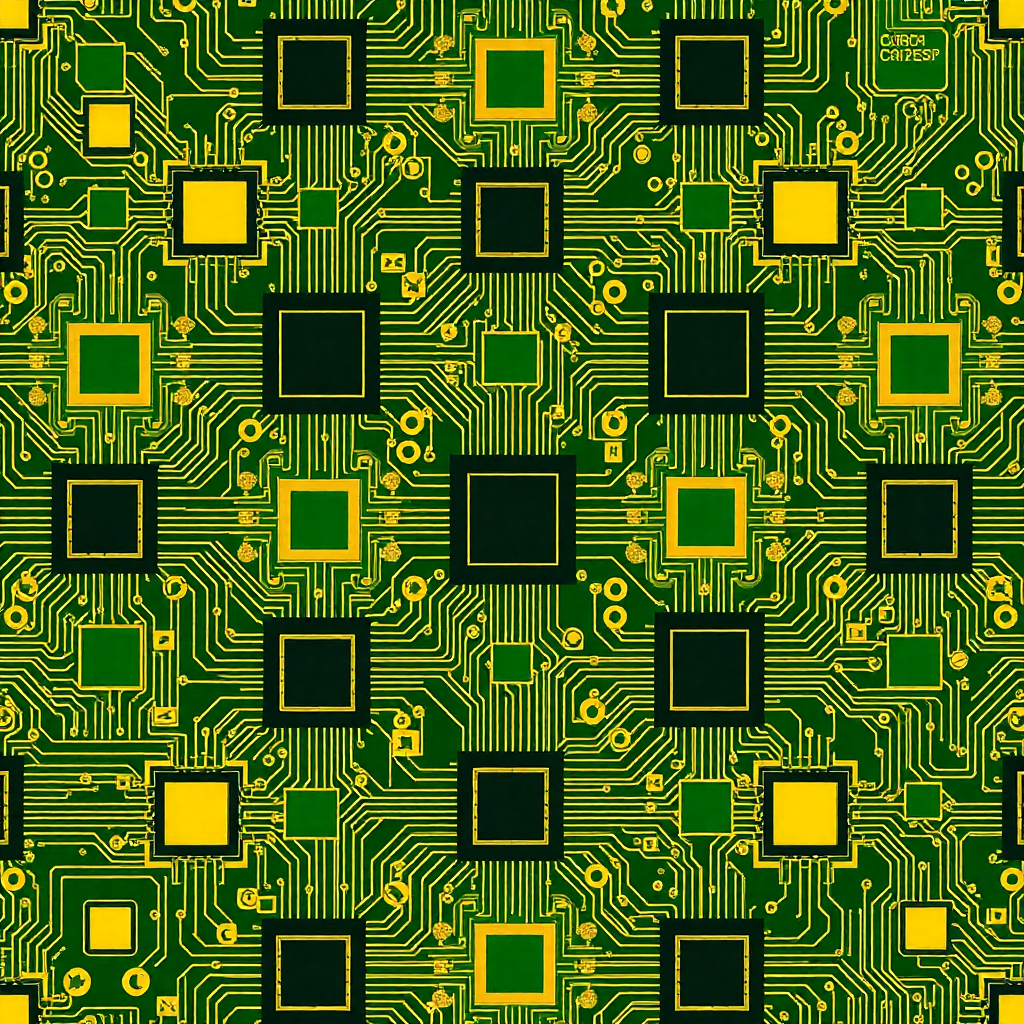 A pattern of circuit boards and microchips in green and gold tones, abstract tech background