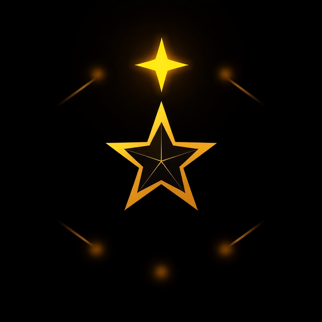 Golden star logo for a tech company, abstract, minimalist, on dark background