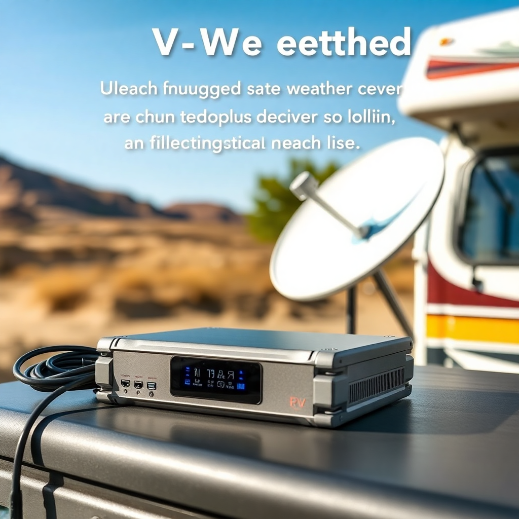 A rugged, all-weather satellite receiver designed for RVs and mobile use, product photo in an outdoor setting